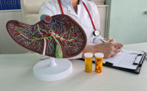 A healthcare professional in a white coat sits at a desk with a detailed liver model, writing on a clipboard, with medication bottles in the foreground.